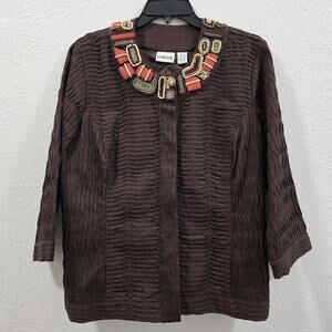 Chicos Womens Brown Beaded Long Sleeve Round Neck Button Jacket Boho Size 2